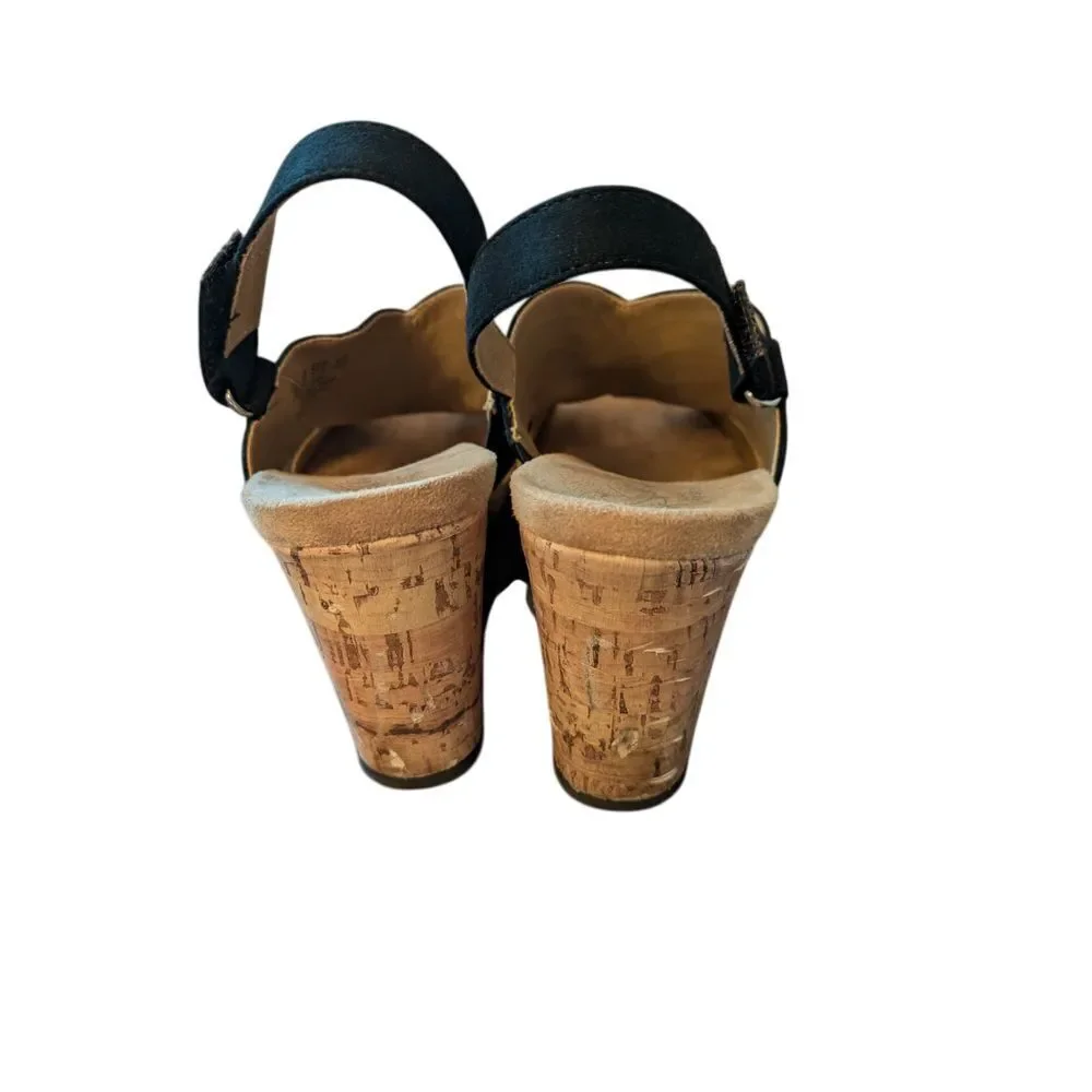 Life Stride Black Canvas Criss-Cross Slingback Wedge Sandals Cork Heel Summer‎